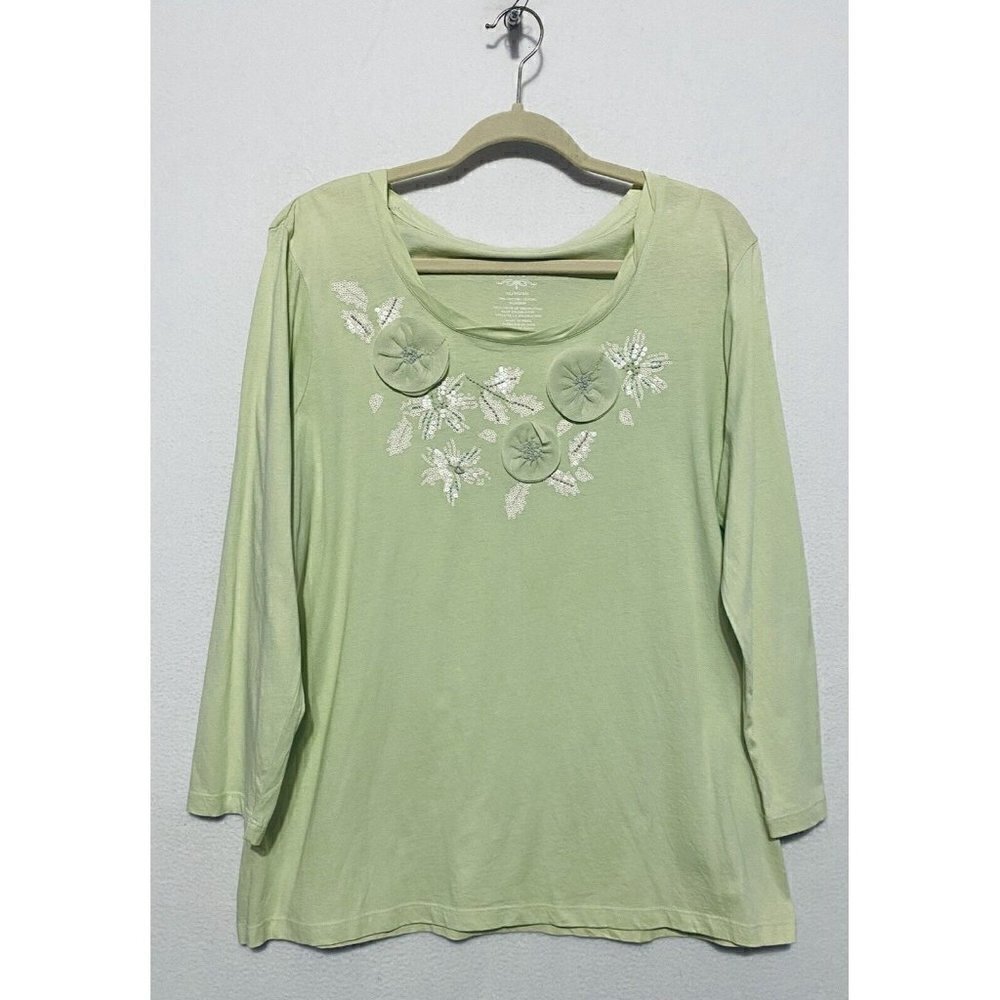 Izod Womens Chiffon Applique Flower Top Green Sequins Scoop Neck Boho XL
